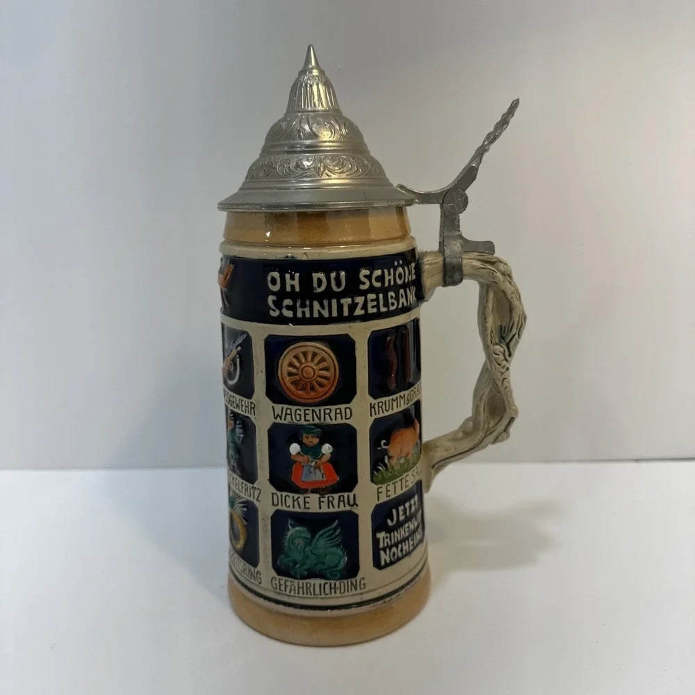 Vintage German Beer Stein Oh Du Schone Schnitzelbank Musterschutz Pewter Lid